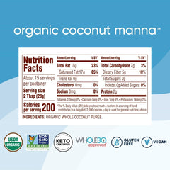 Nutiva Coconut Manna jar label closeup highlights organic non-GMO credentials