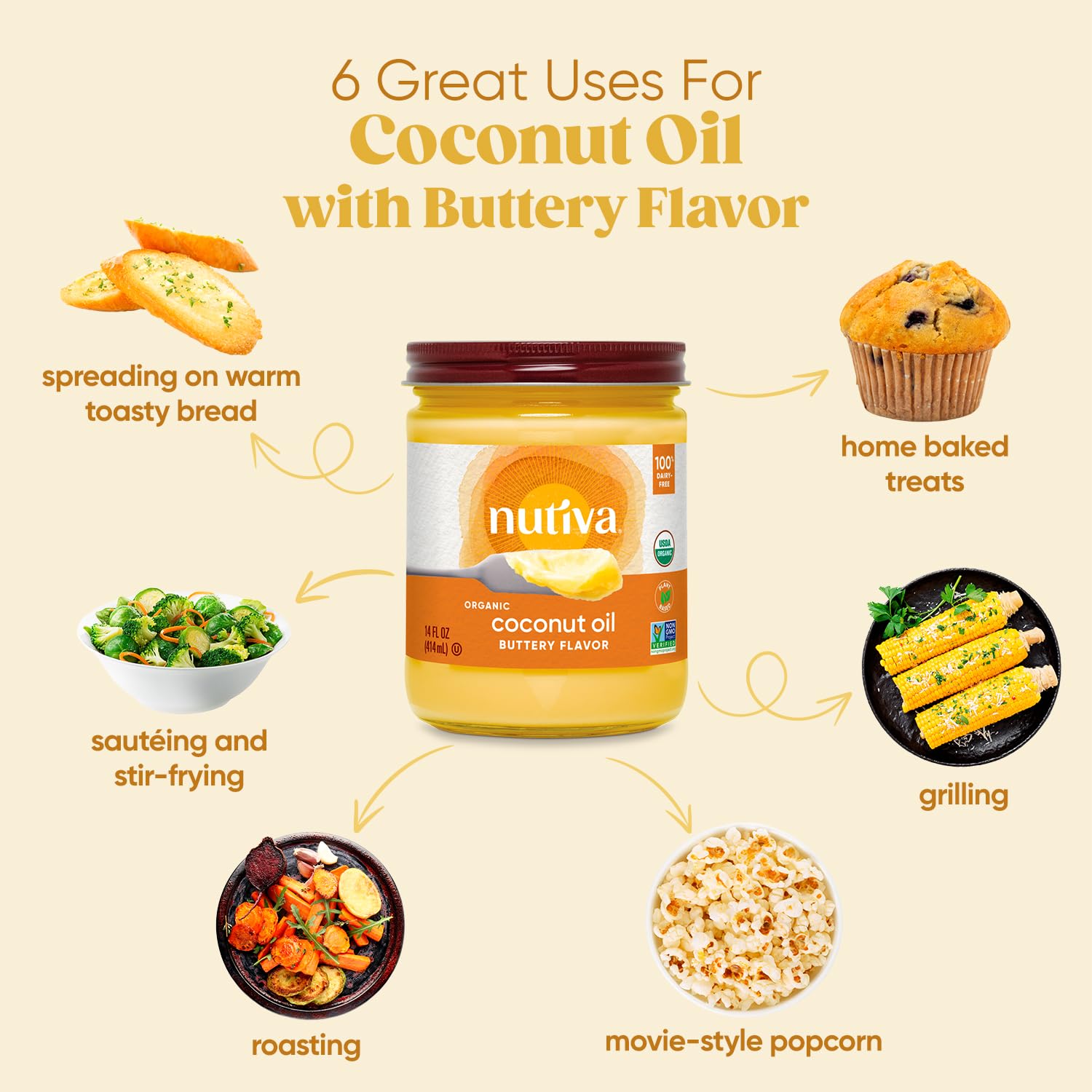 Nutiva butter-flavored coconut oil on popcorn for a tasty, dairy-free snack.