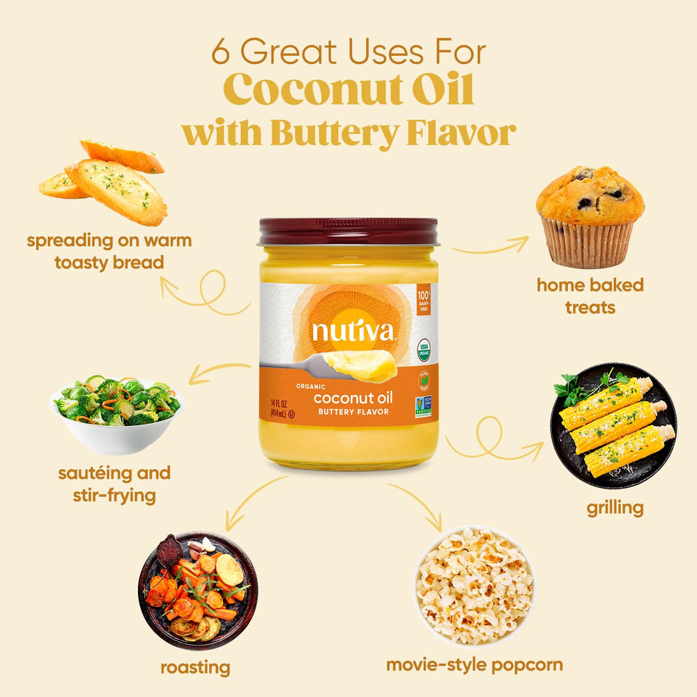 Nutiva butter-flavored coconut oil on popcorn for a tasty, dairy-free snack.
