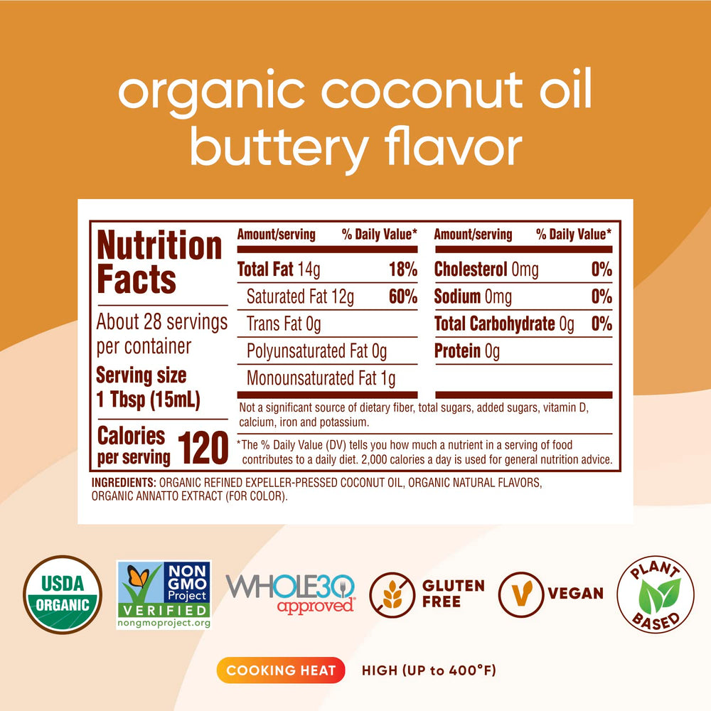 Nutiva coconut oil butter flavor being poured into a skillet for sautéing.