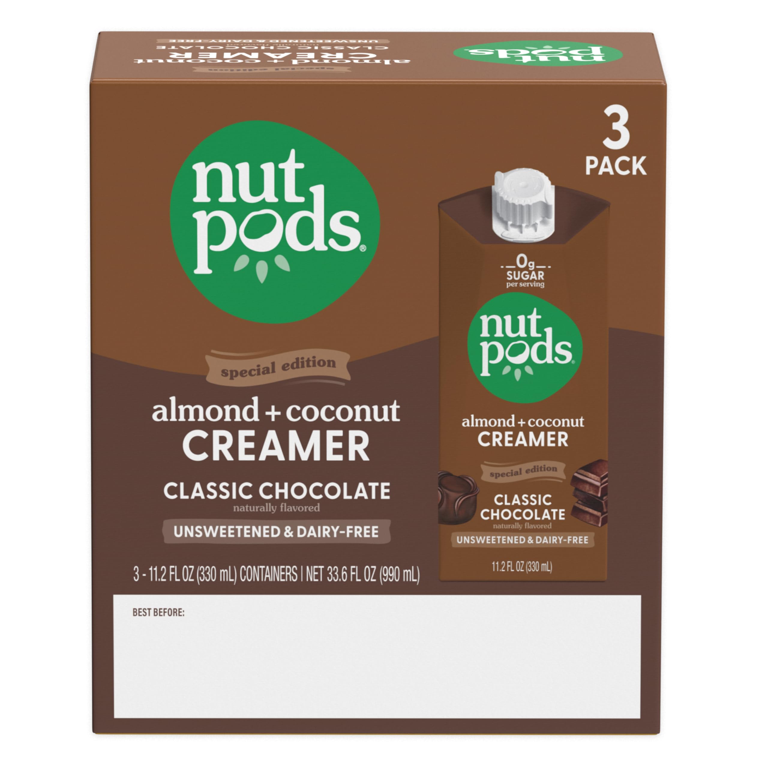 Ingredients highlight almond and coconut for dairy-free vegan options