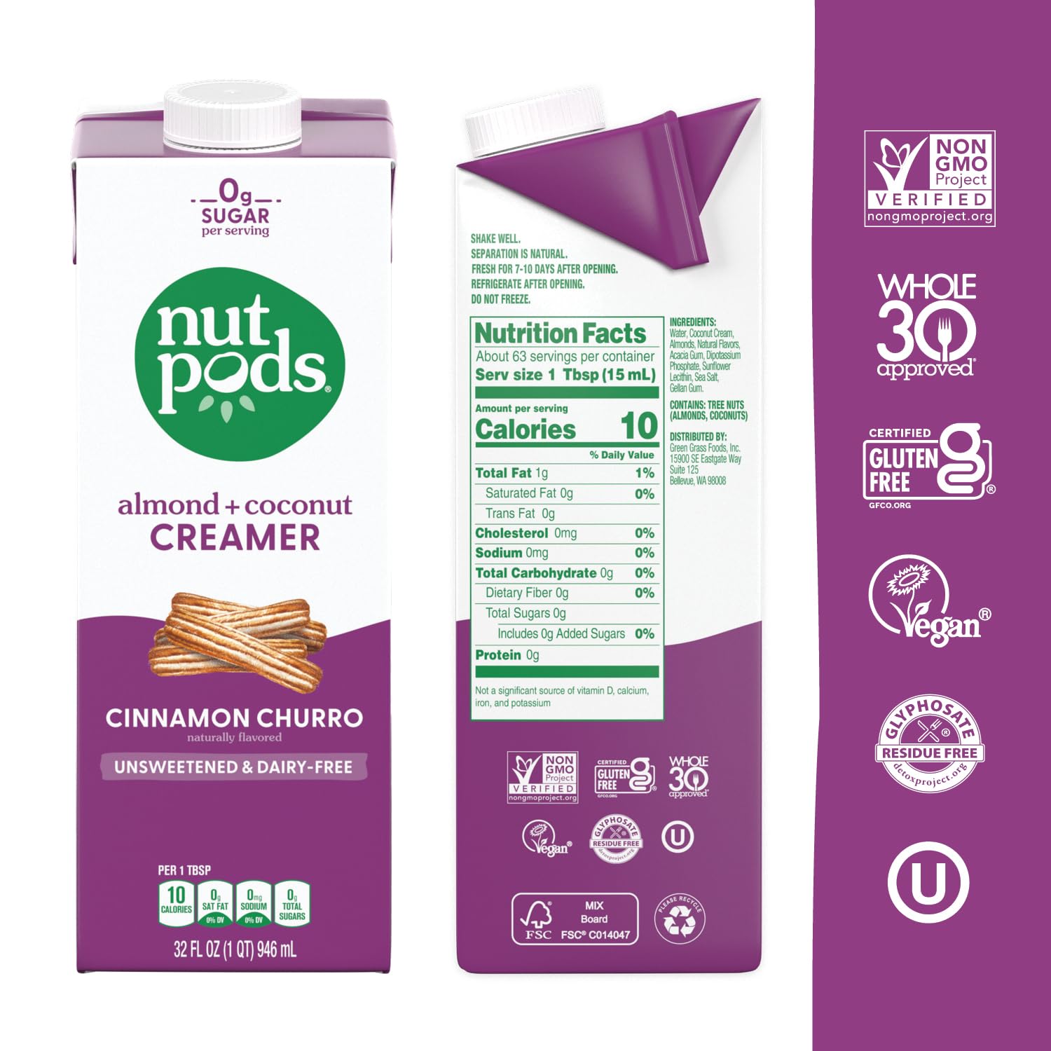 Poured Nutpods Cinnamon Churro creamer highlights smooth texture without added sugars.