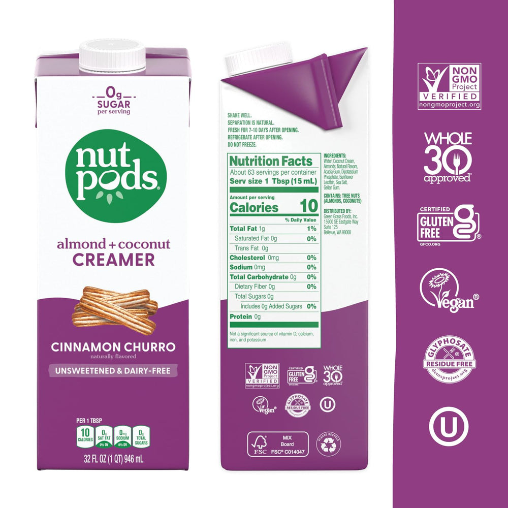 Poured Nutpods Cinnamon Churro creamer highlights smooth texture without added sugars.