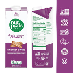 Poured Nutpods Cinnamon Churro creamer highlights smooth texture without added sugars.