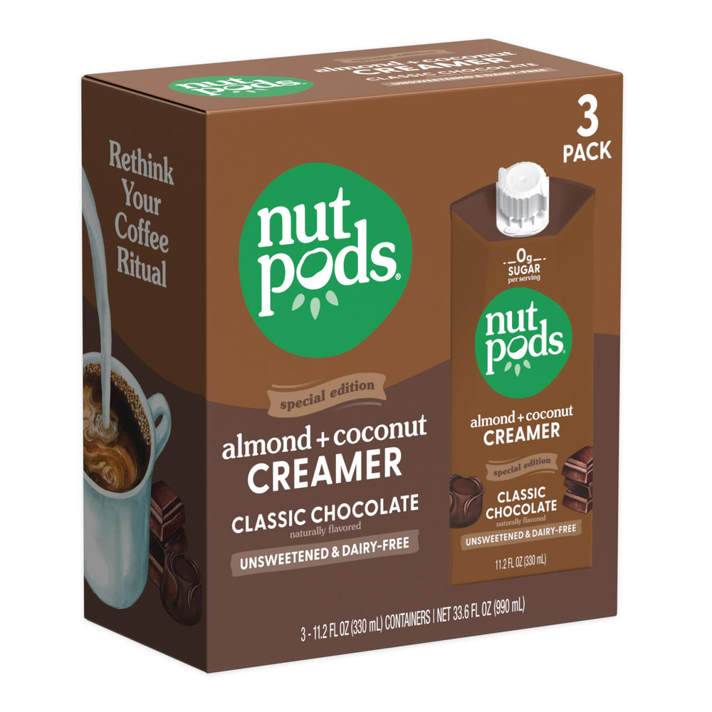 nutpods Classic Chocolate creamer poured into coffee for a creamy, sugar-free indulgence