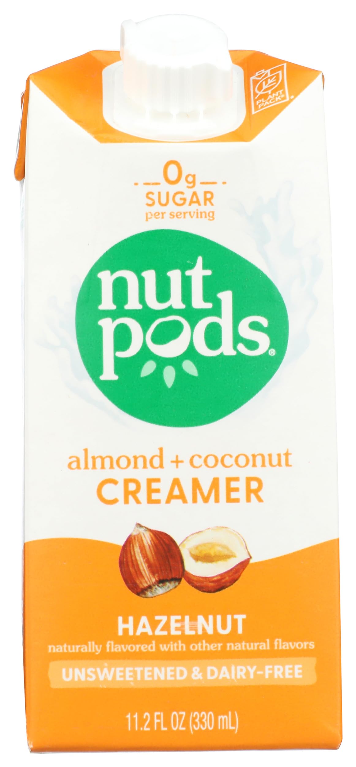 nutpods hazelnut creamer bottle front showing dairy-free formula for coffee