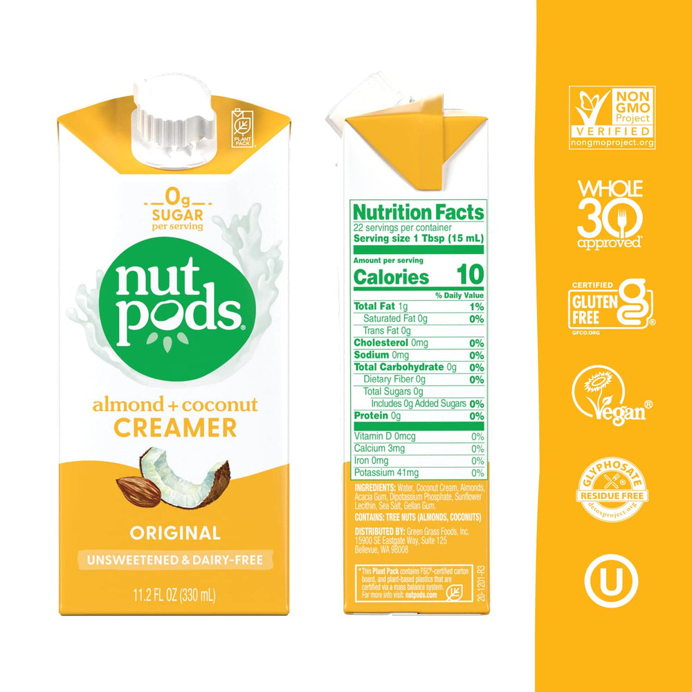Nutpods Original Unsweetened creamer in a cup showing dairy-free creaminess