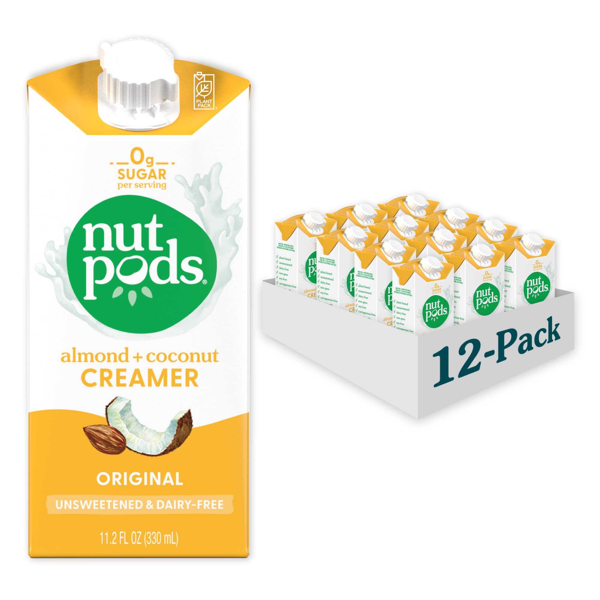 Nutpods Original Unsweetened liquid creamer being poured into coffee for a creamy finish