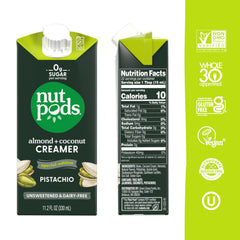 Nutpods Pistachio unsweetened creamer poured into a mug