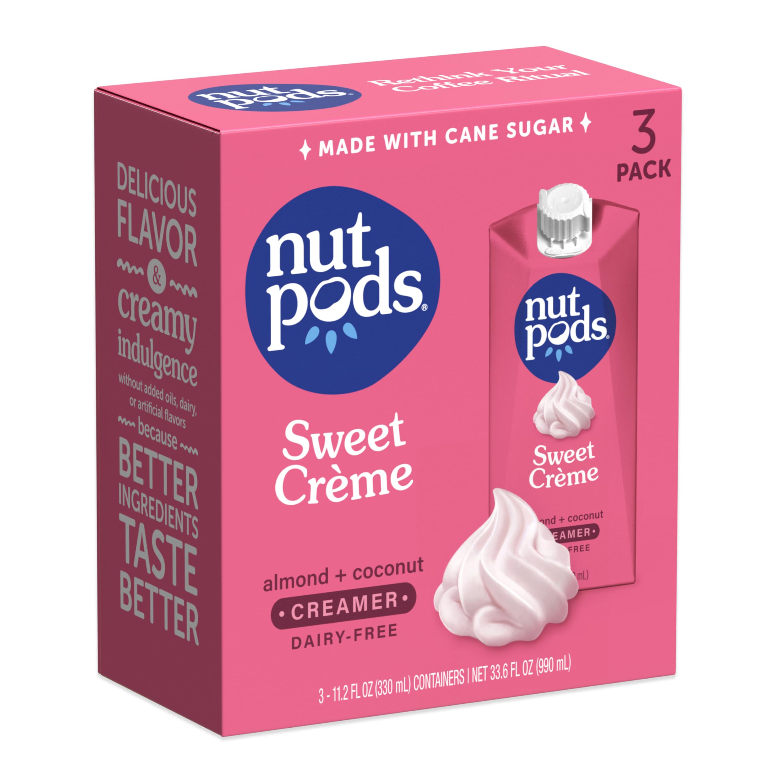 Nutpods Sweet Creme coffee creamer bottle showing rich dairy-free creaminess for coffee