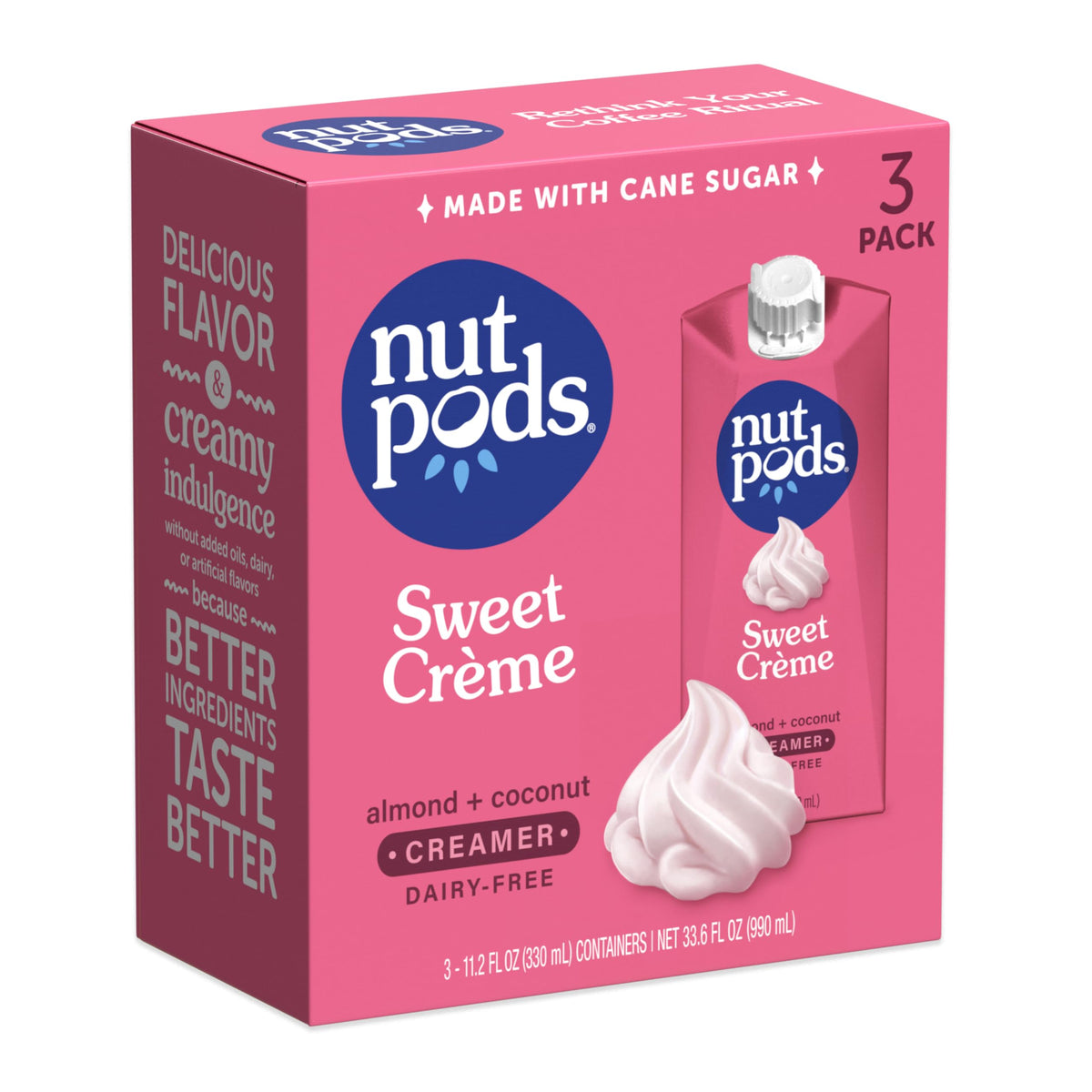 Nutpods Sweet Creme coffee creamer bottle showing rich dairy-free creaminess for coffee