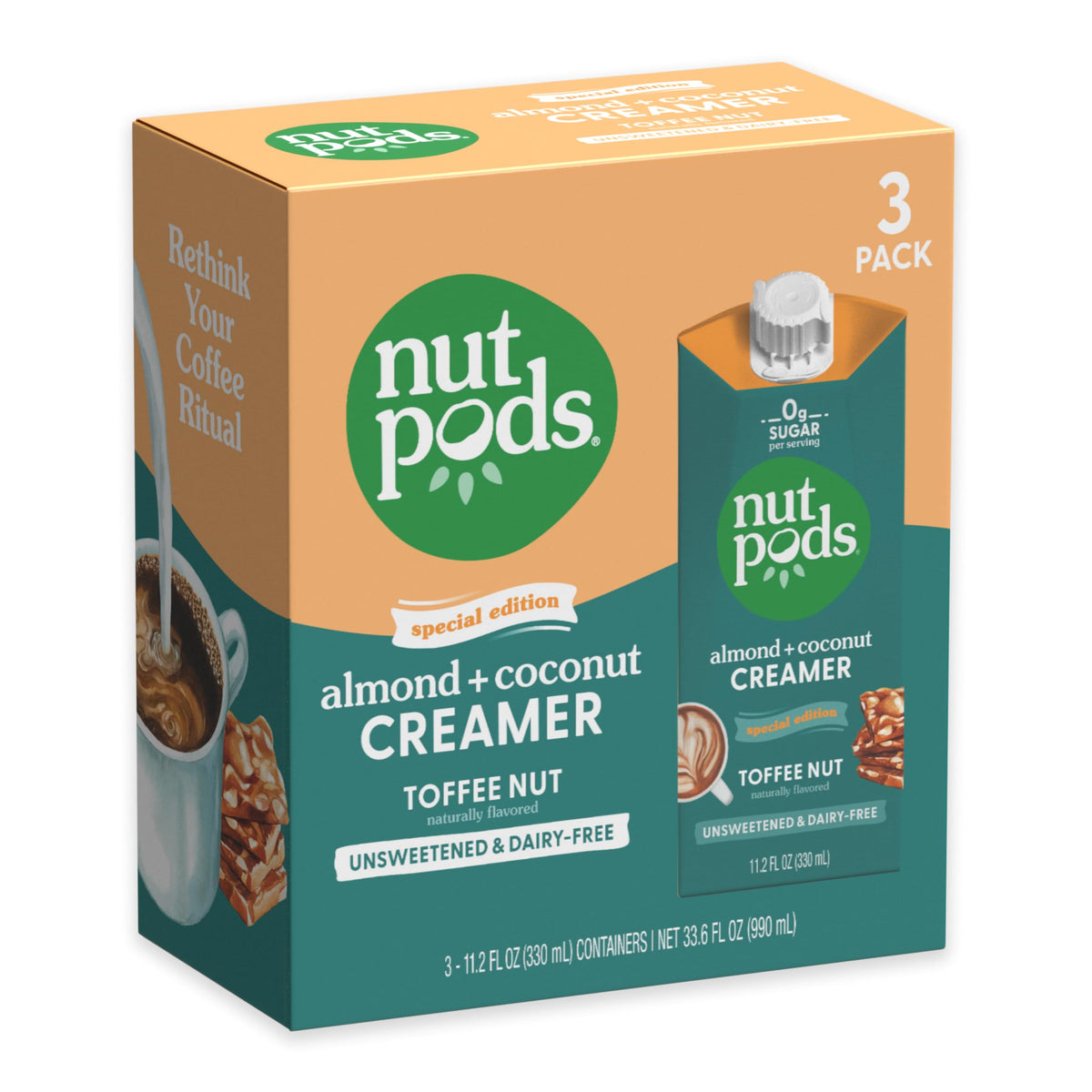nutpods Toffee Nut Creamer bottle showcases dairy-free richness for a smooth coffee.