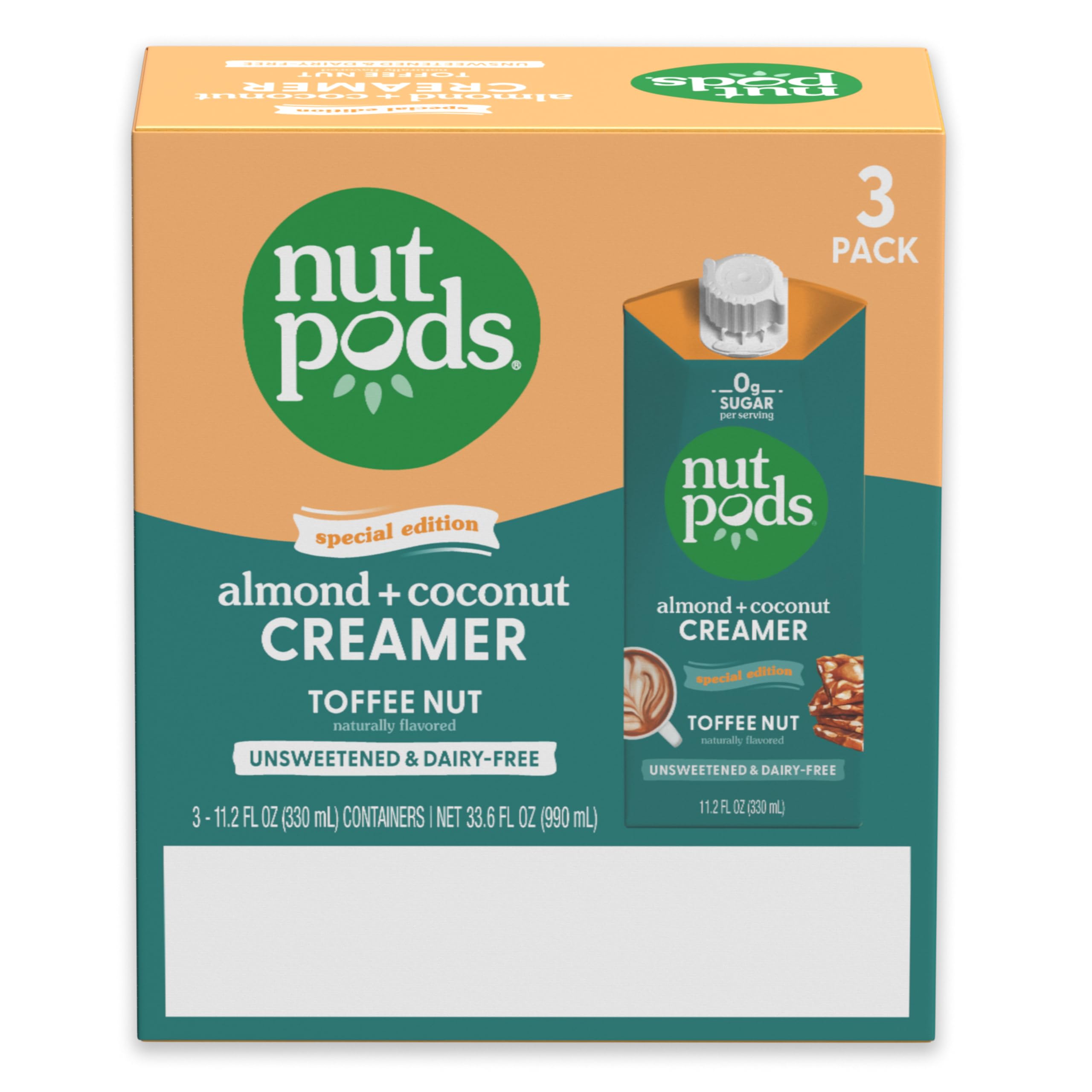 nutpods Toffee Nut Creamer uses almond and coconut base for plant-based indulgence.