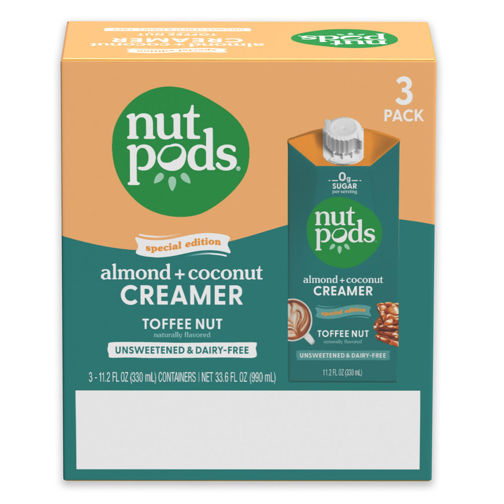 nutpods Toffee Nut Creamer uses almond and coconut base for plant-based indulgence.