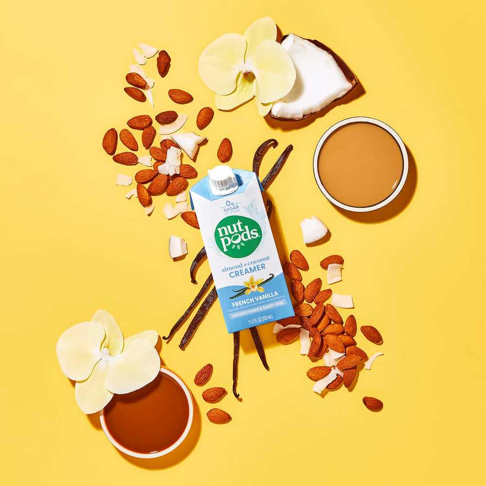 Nutpods unsweetened French Vanilla creamer bottle on desk suggests pantry-ready convenience