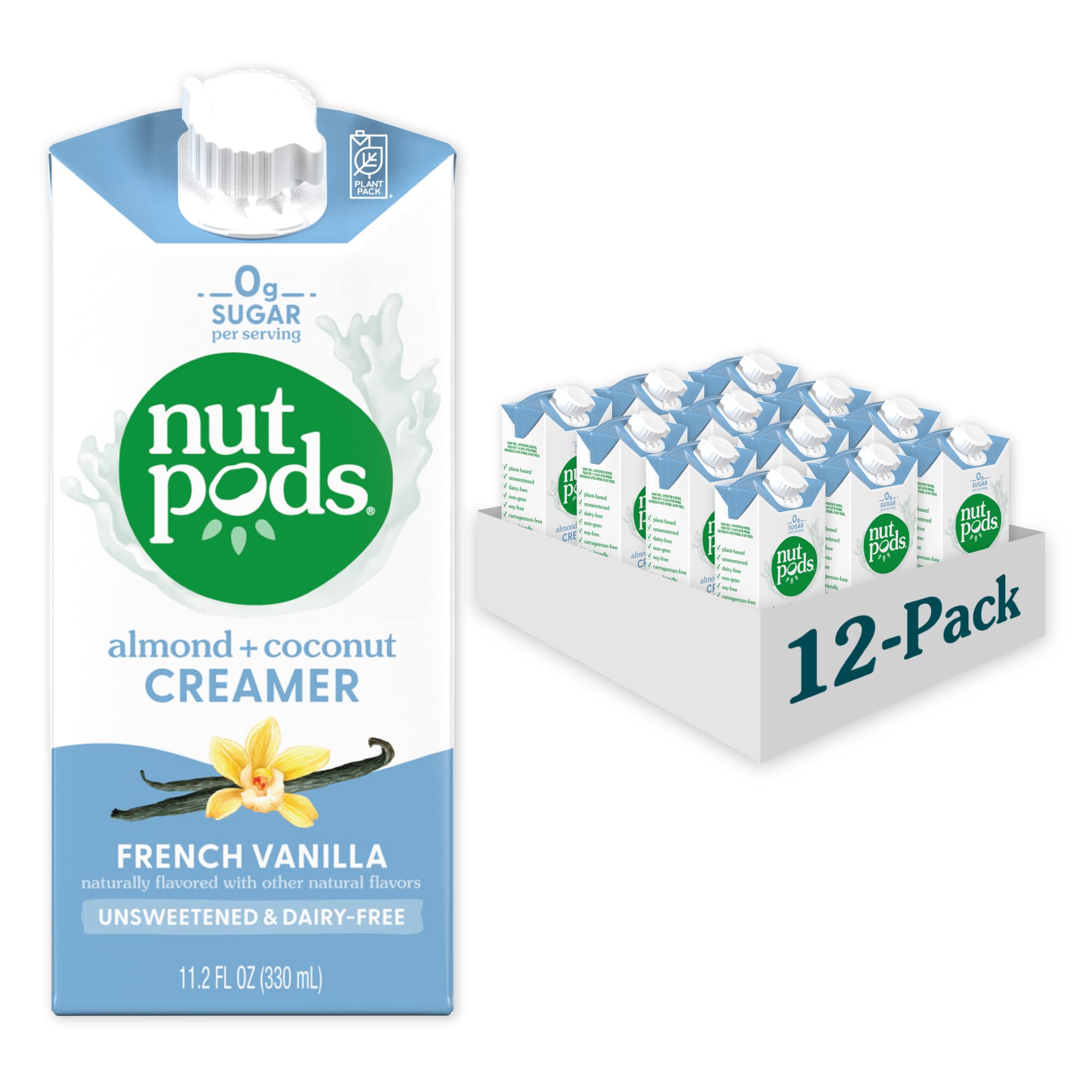 Nutpods unsweetened French Vanilla creamer bottle pour adds sugar-free dairy-free richness to coffee