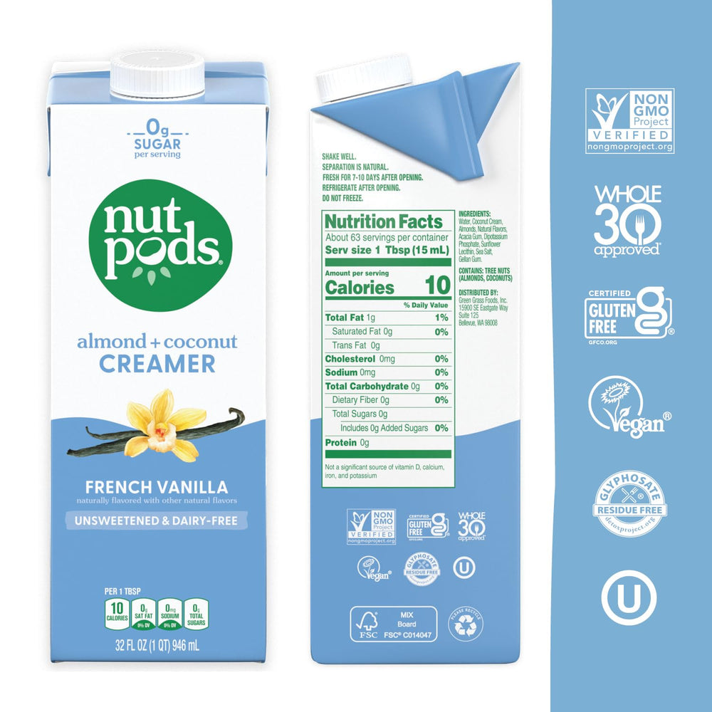 nutpods unsweetened French Vanilla dairy-free creamer front label highlights zero sugar per serving