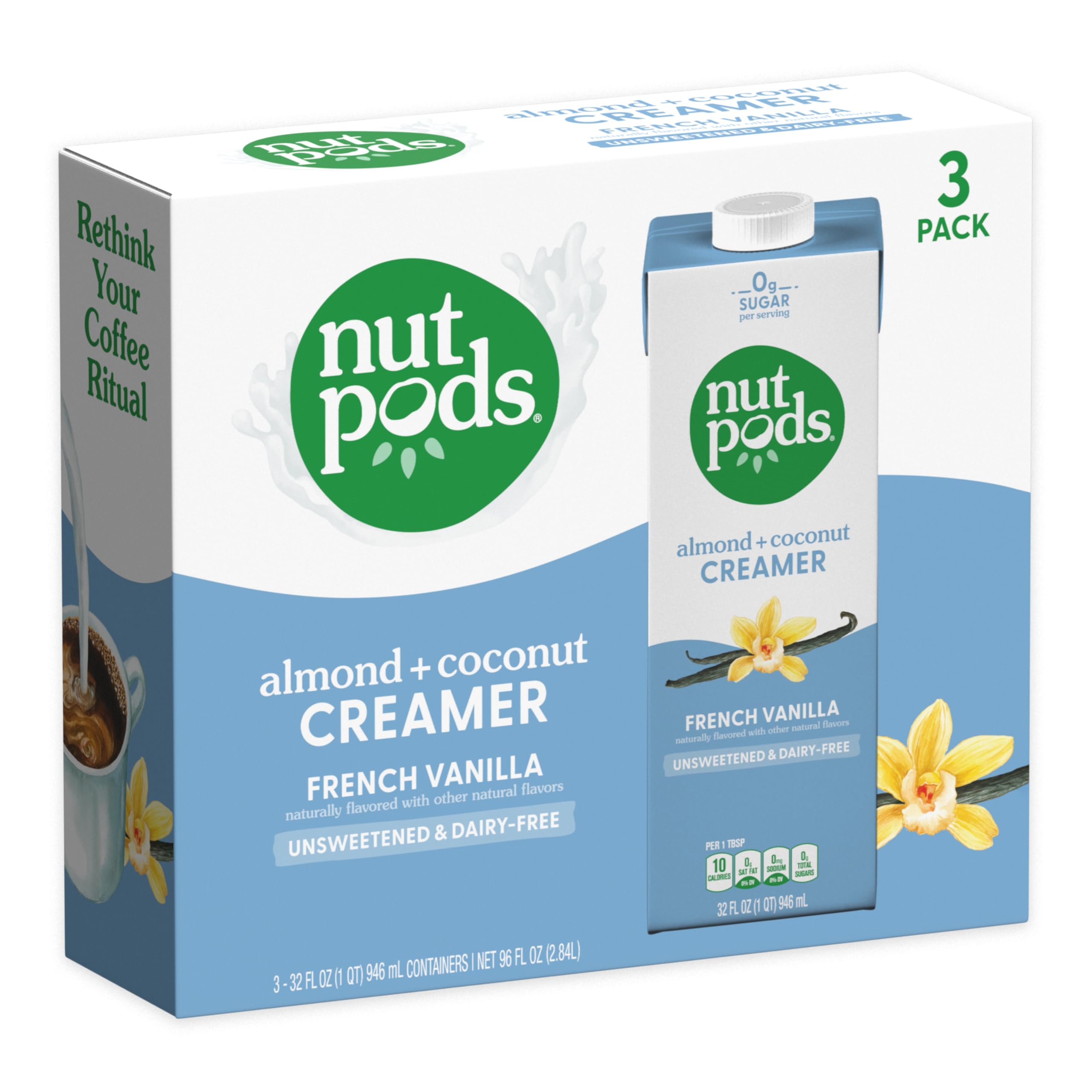 nutpods unsweetened French Vanilla dairy-free creamer on pantry shelf emphasizes long shelf life
