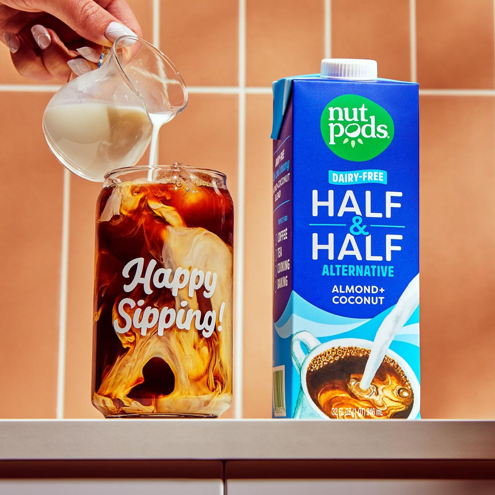 Nutpods Unsweetened Half & Half label shows vegan and other certifications.