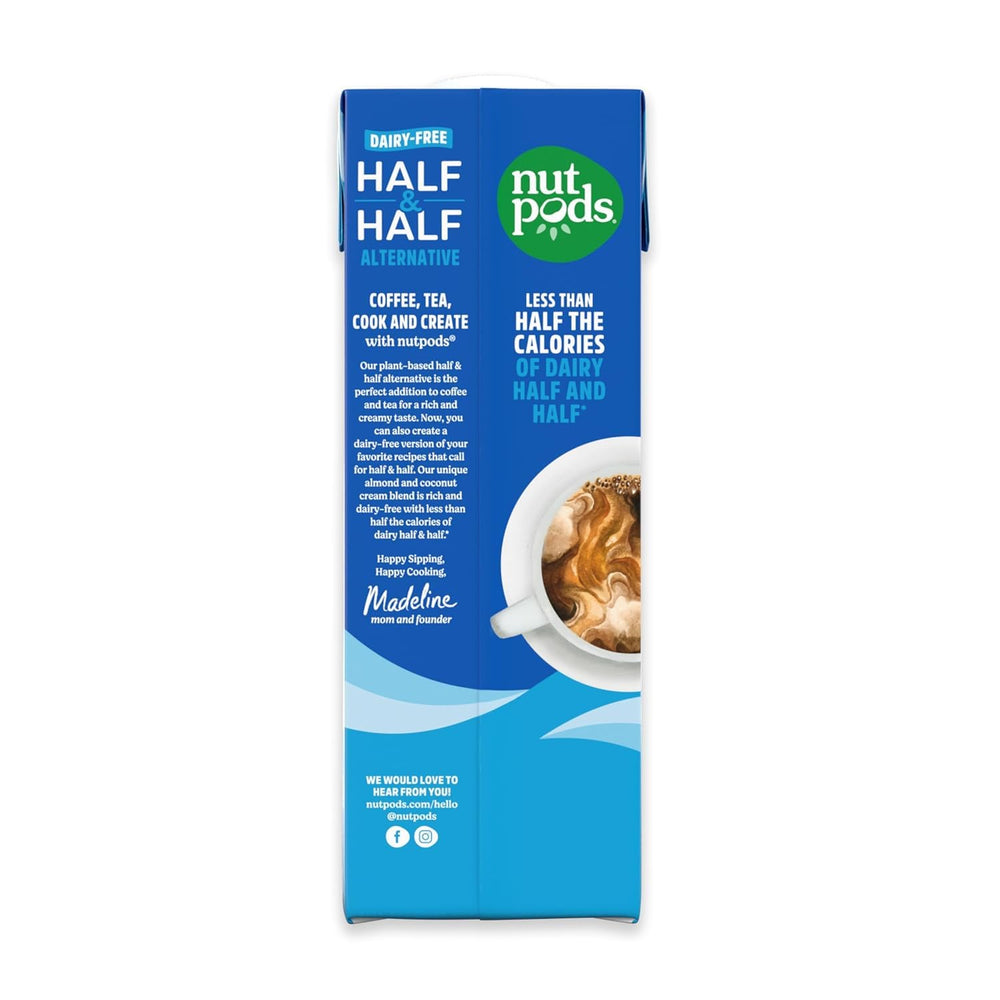 Nutpods Unsweetened Half & Half cartons on a pantry shelf awaiting use.