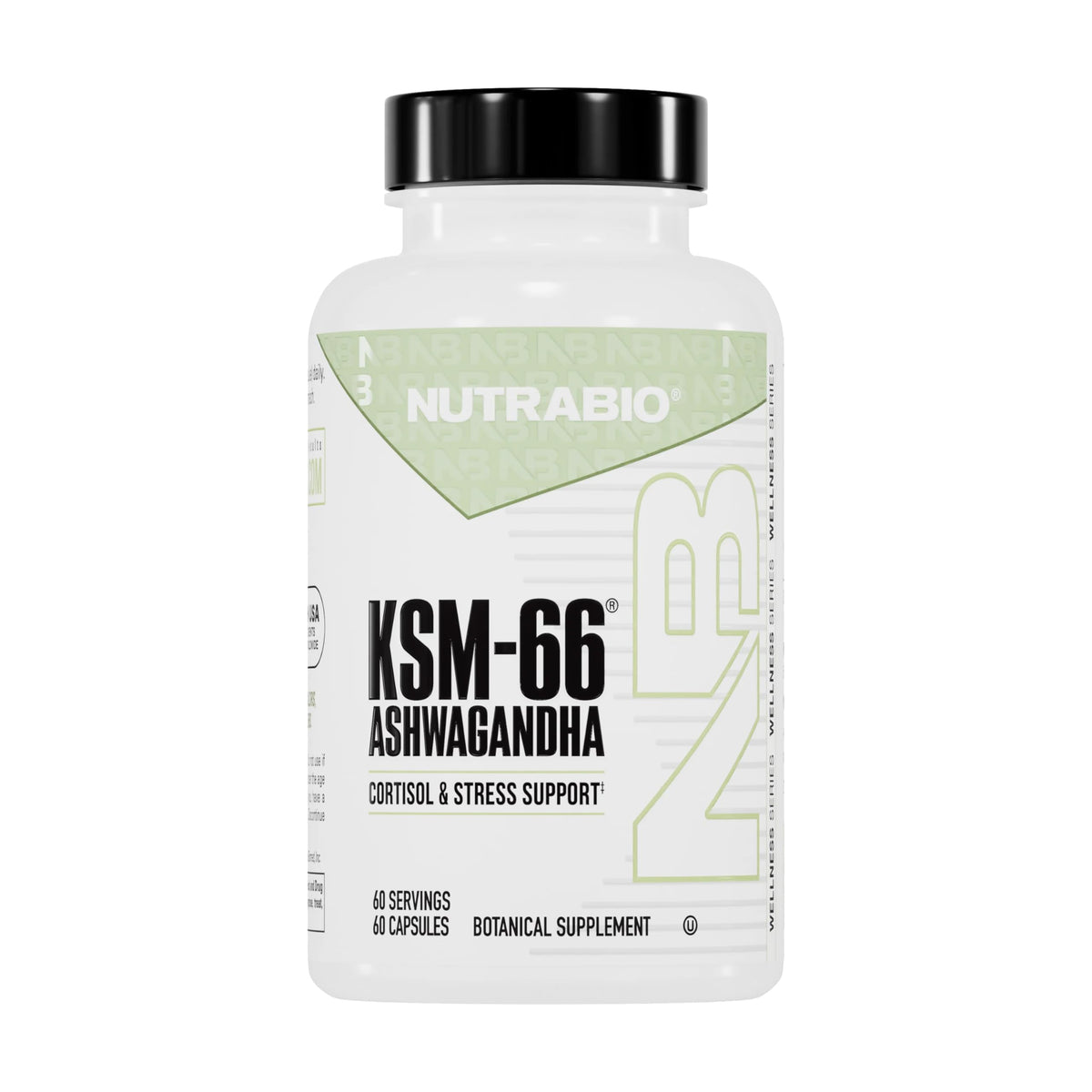 NutraBio Ashwagandha KSM-66 bottle with capsules for stress support