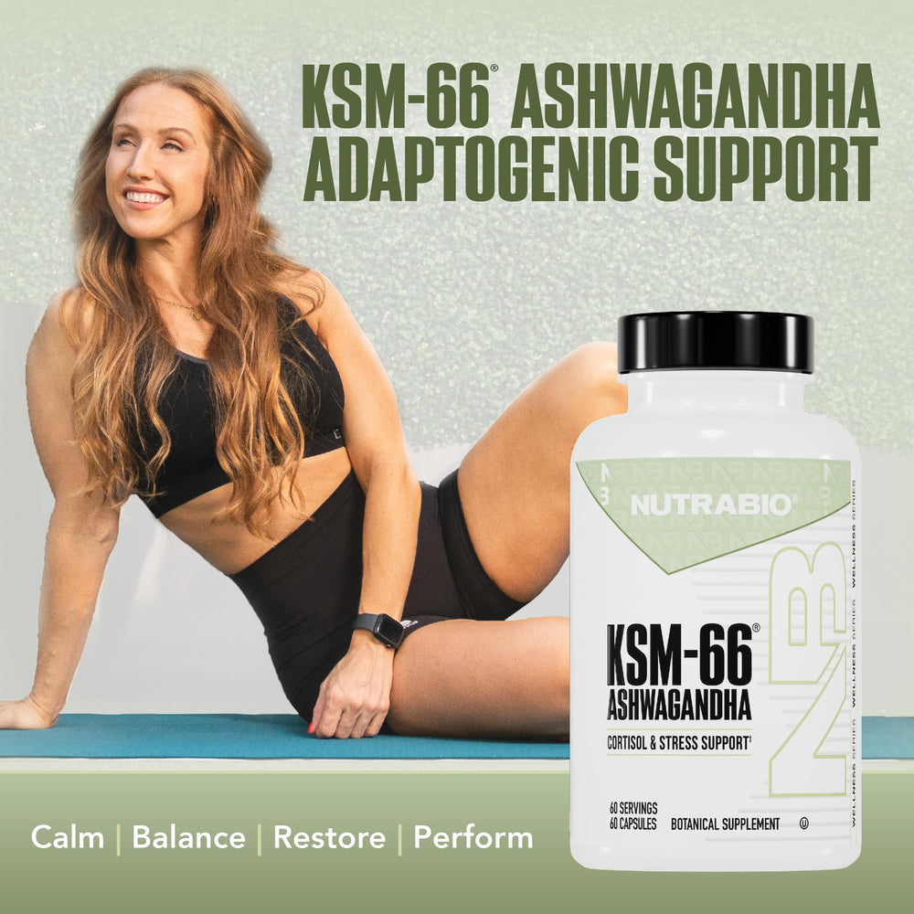 NutraBio Ashwagandha KSM-66 capsules close-up for mood balance and focus