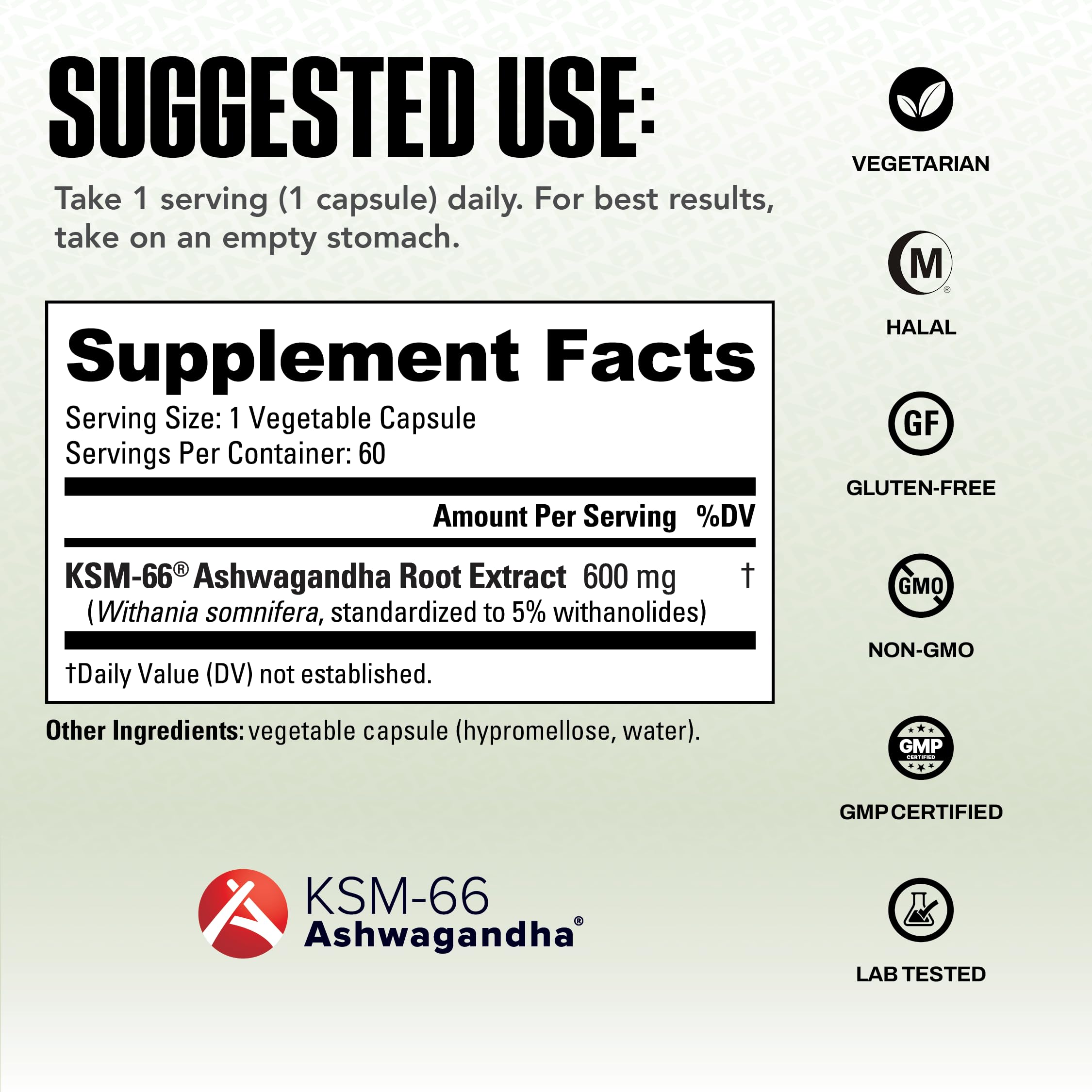 NutraBio Ashwagandha KSM-66 label showing quality and third-party testing