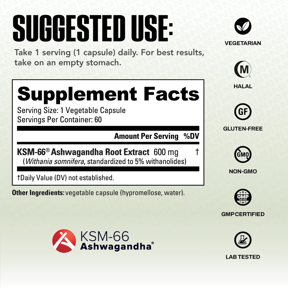 NutraBio Ashwagandha KSM-66 label showing quality and third-party testing