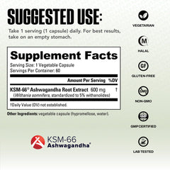 NutraBio Ashwagandha KSM-66 label showing quality and third-party testing