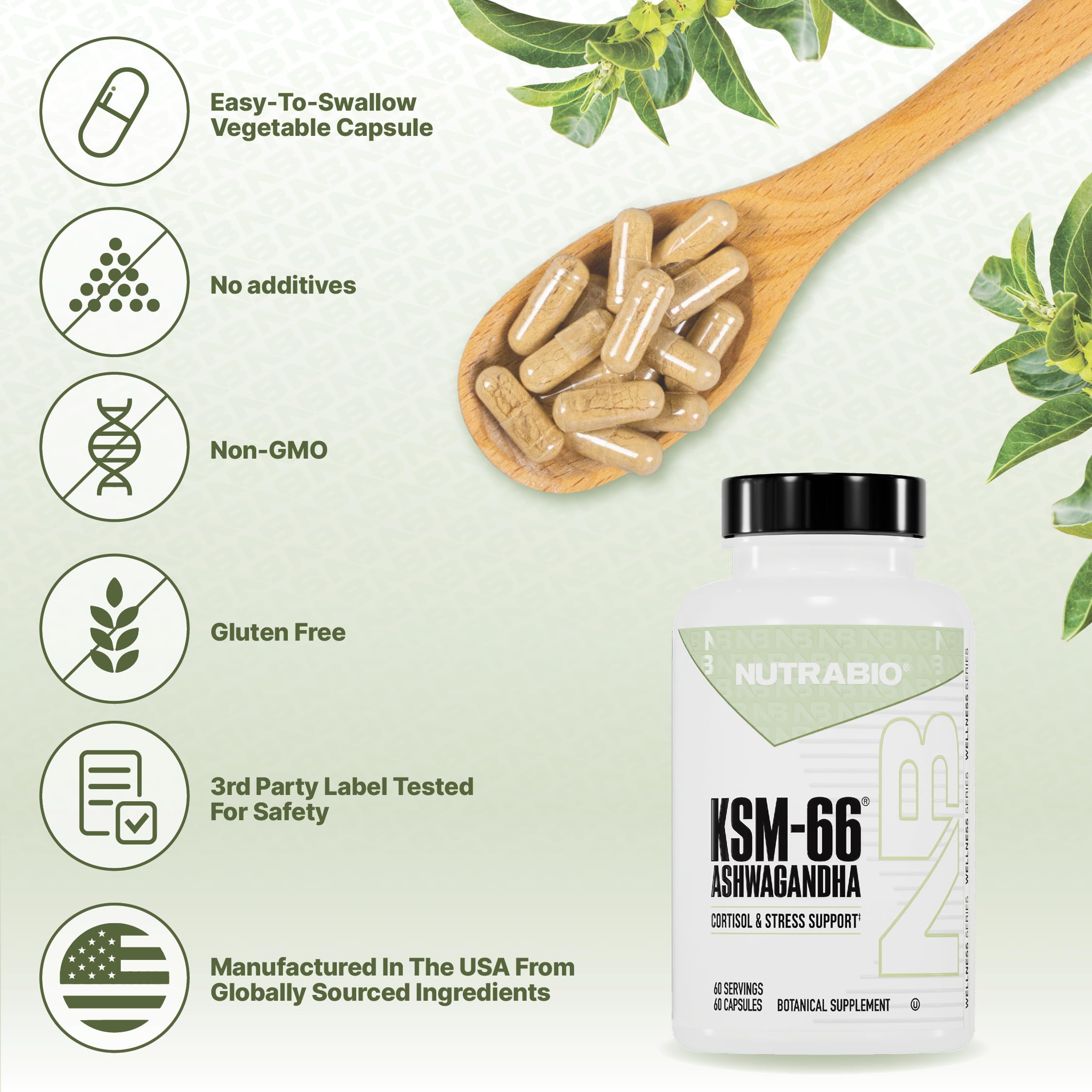 NutraBio Ashwagandha KSM-66 stress relief visualization for calm