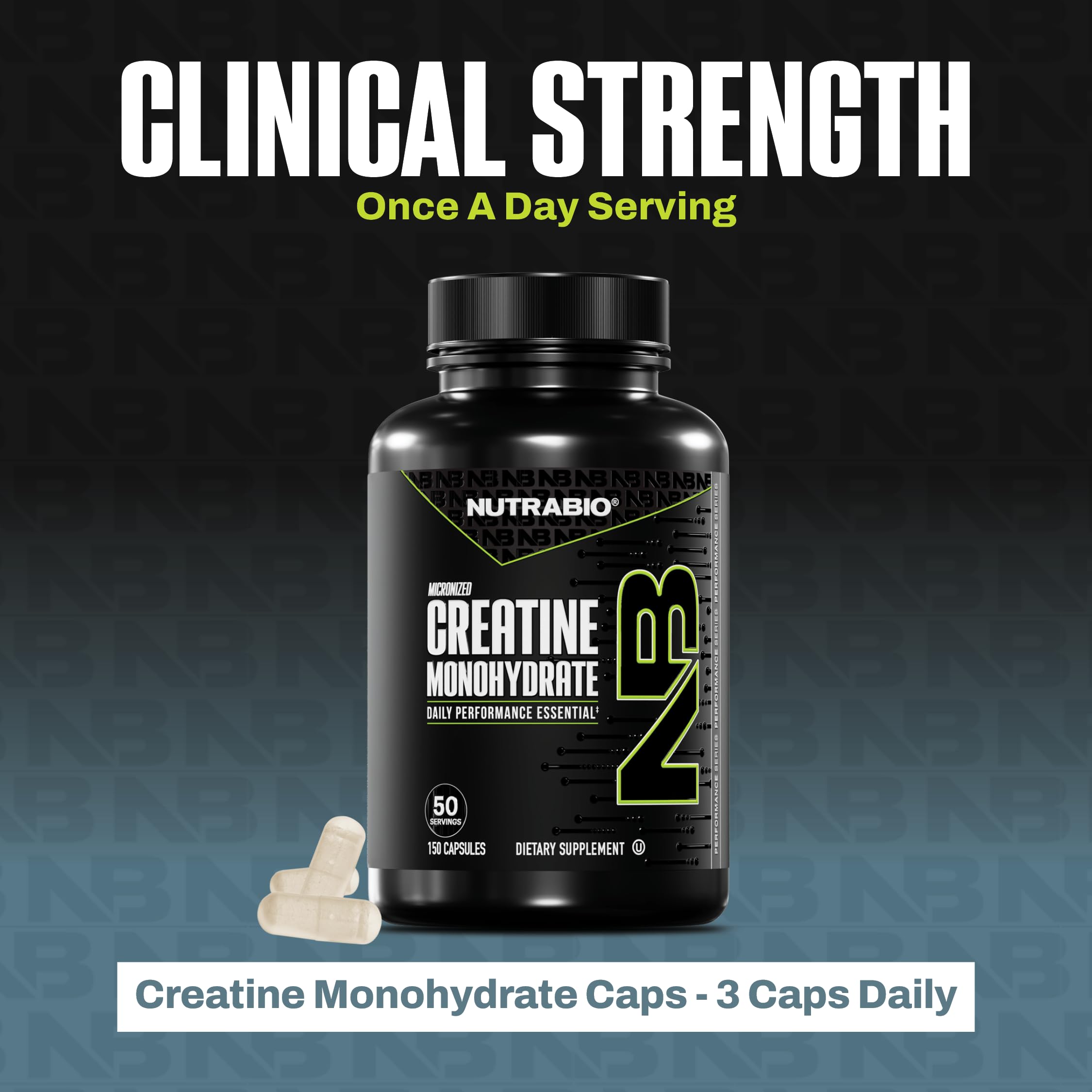 NutraBio creatine capsules shown in a gym bag for workouts.