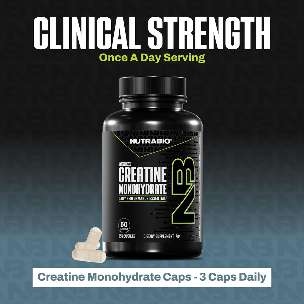 NutraBio creatine capsules shown in a gym bag for workouts.