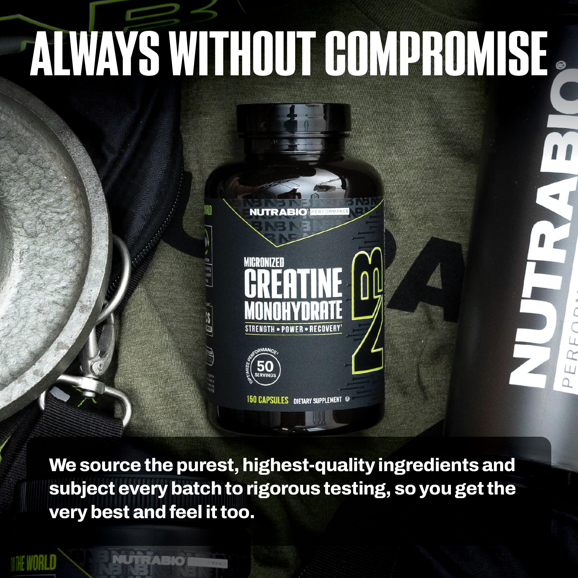 NutraBio creatine capsules beside other supplements for stack versatility.
