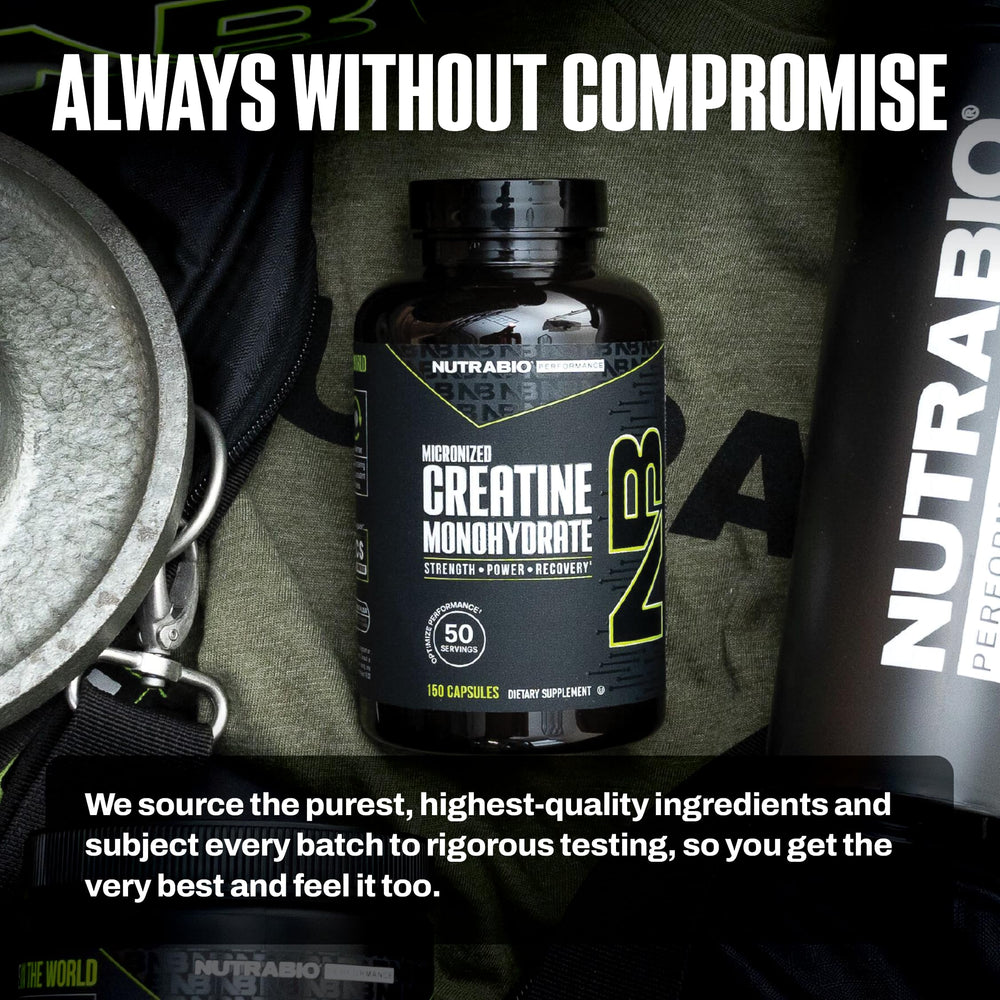 NutraBio creatine capsules beside other supplements for stack versatility.