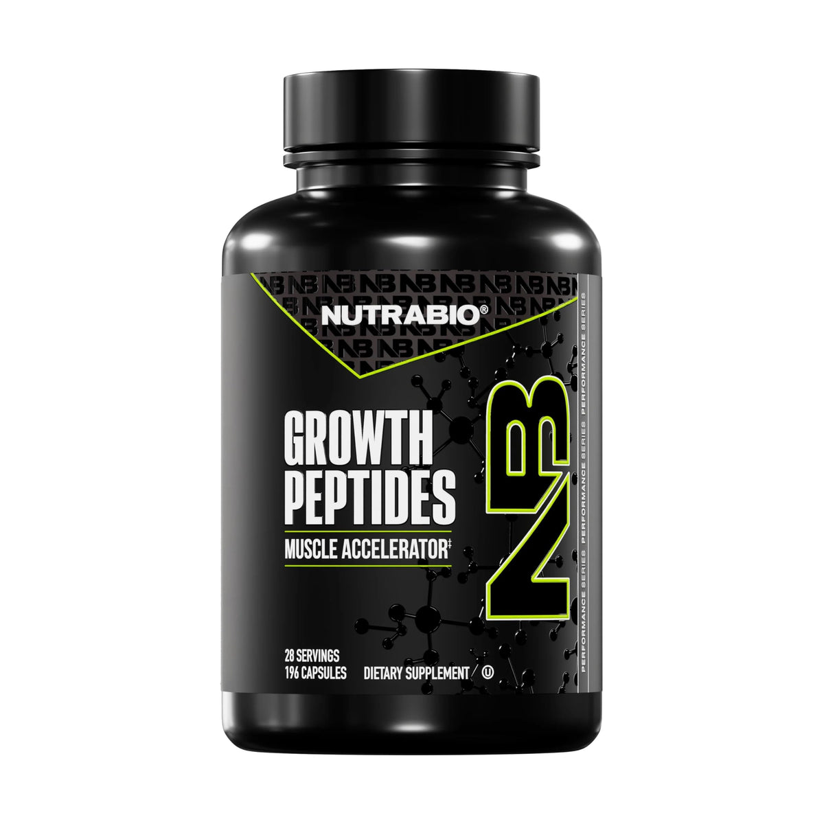 NutraBio Growth Peptides bottle-front with clean packaging for lean muscle goals.