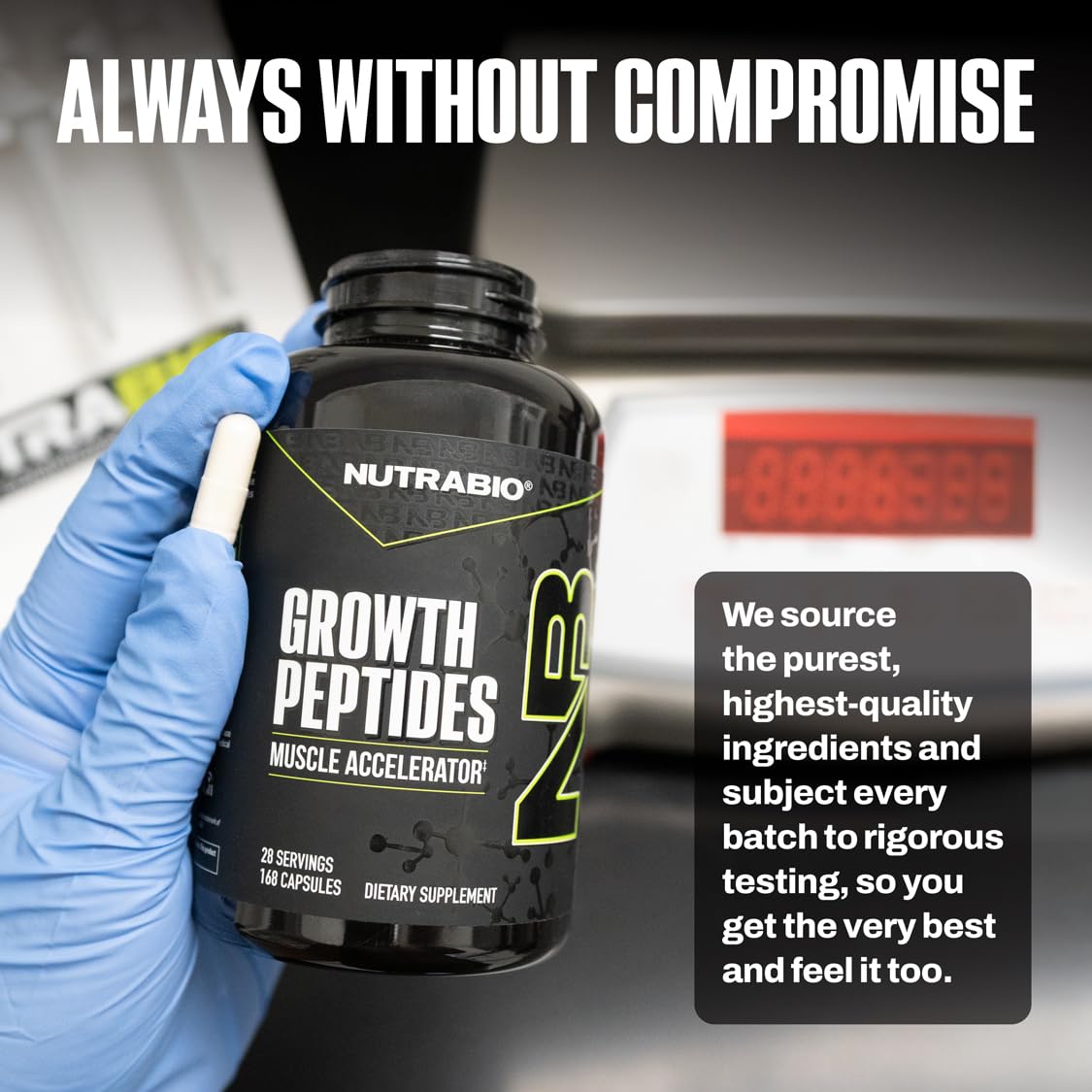 NutraBio Growth Peptides hands-holding-bottle depicting a ready-to-use supplementation routine.