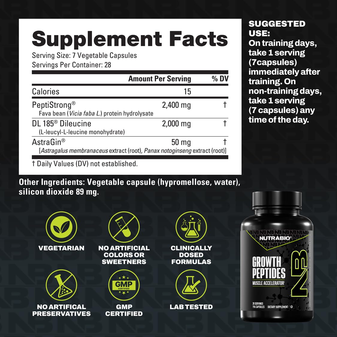 NutraBio Growth Peptides label-detail highlighting DL-185 and PeptiStrong branding.