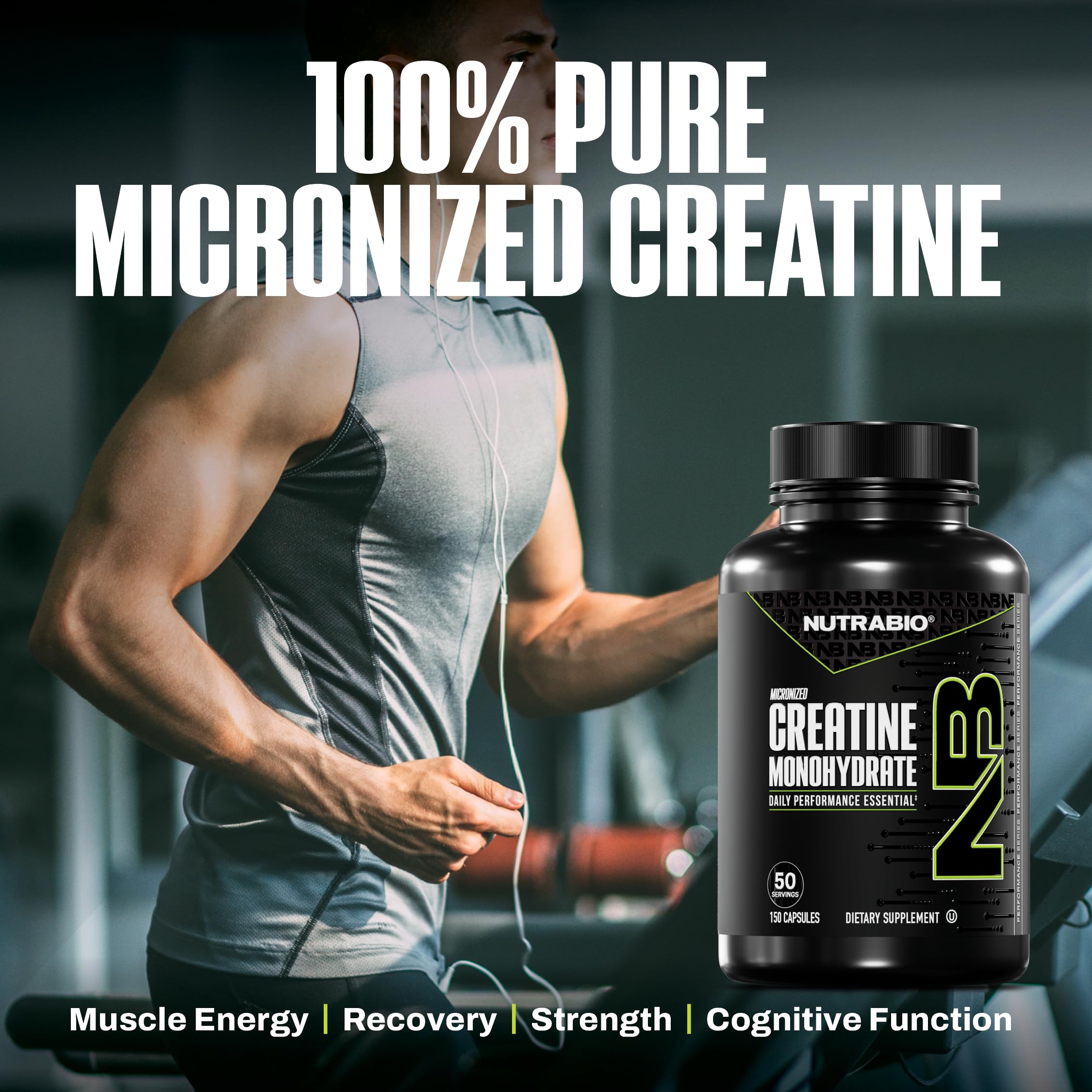 Kosher certification badge on NutraBio creatine capsules for dietary compliance.