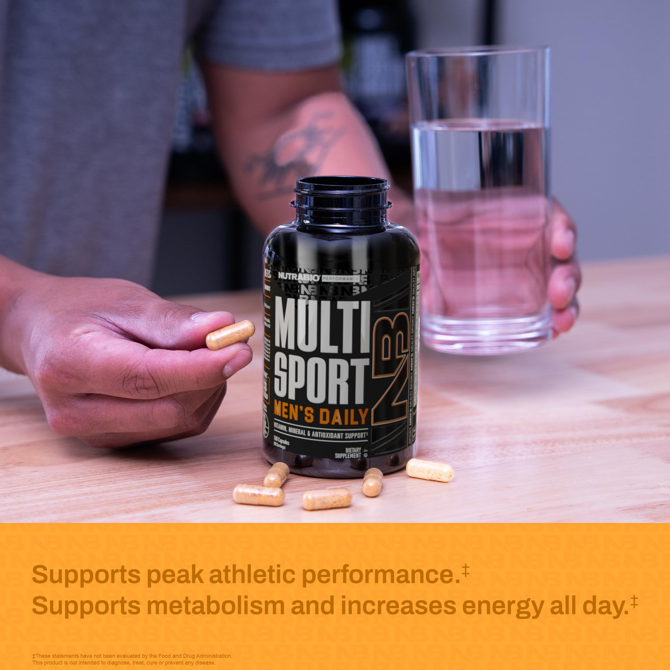 NutraBio MultiSport B-Complex graphic indicating energy and metabolism support