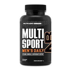 NutraBio MultiSport for Men bottle front showing complete daily multivitamin for energy and support