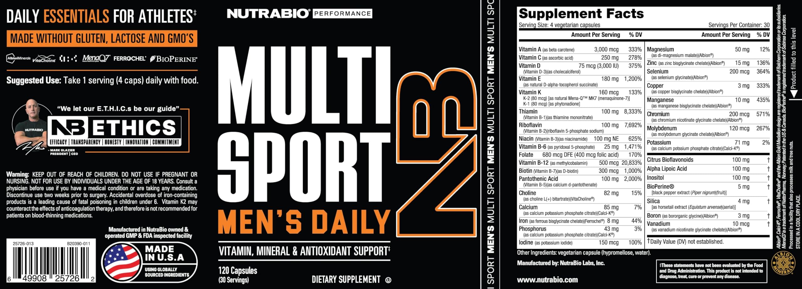 NutraBio MultiSport label details highlighting 33 nutrients for balanced nutrition