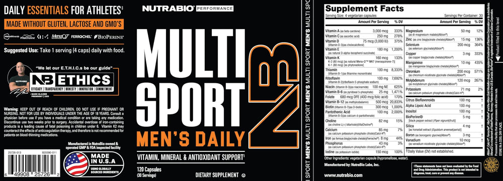 NutraBio MultiSport label details highlighting 33 nutrients for balanced nutrition