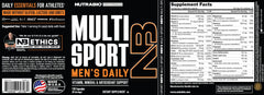 NutraBio MultiSport label details highlighting 33 nutrients for balanced nutrition