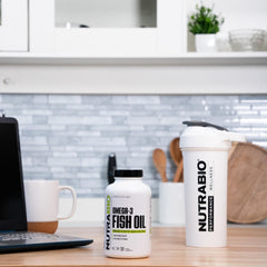NutraBio Omega-3 label detail with nutrient information.