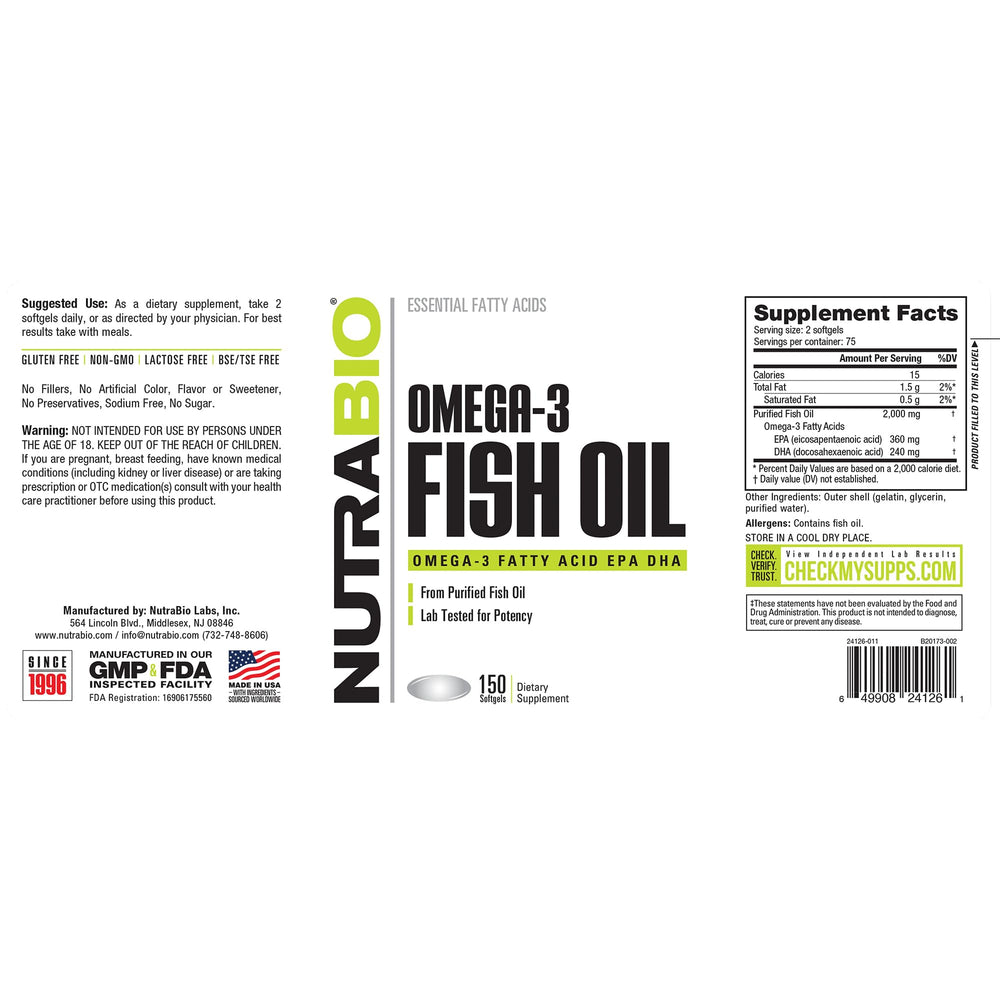 NutraBio Omega-3 packaging showing bottle and freshness seal.