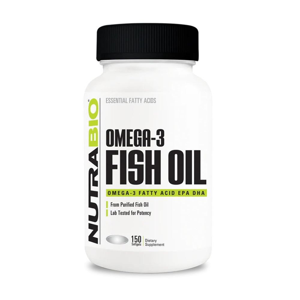 NutraBio Omega-3 softgel bottle for daily supplementation.