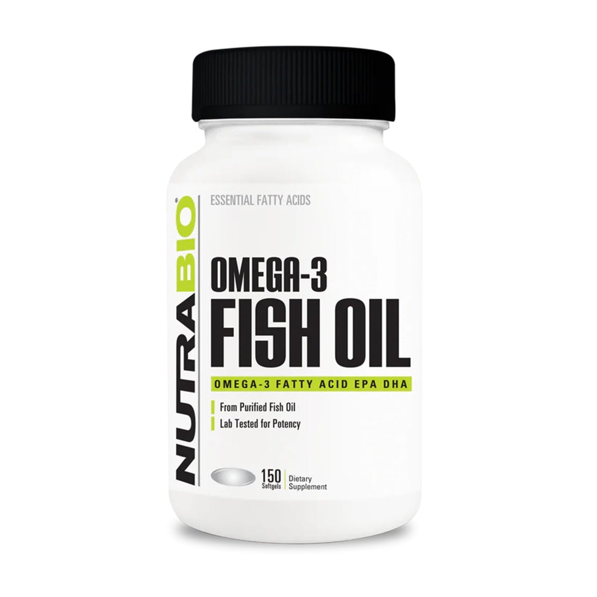 NutraBio Omega-3 softgel bottle for daily supplementation.