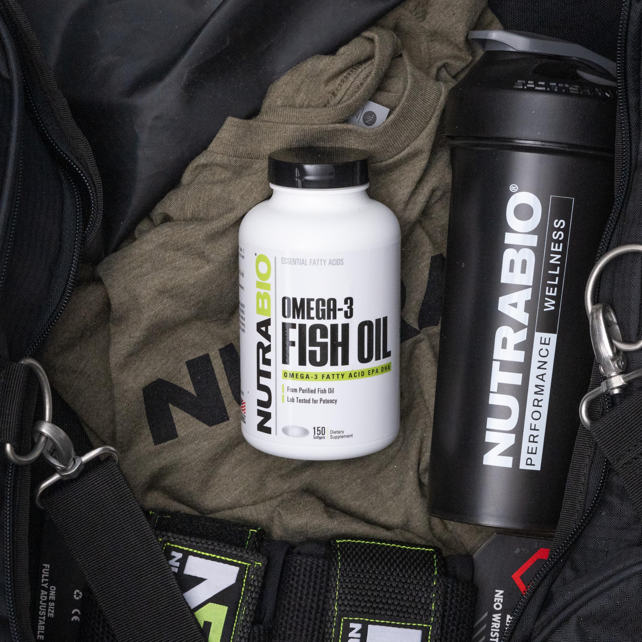 NutraBio Omega-3 softgel closeup highlighting EPA and DHA content.