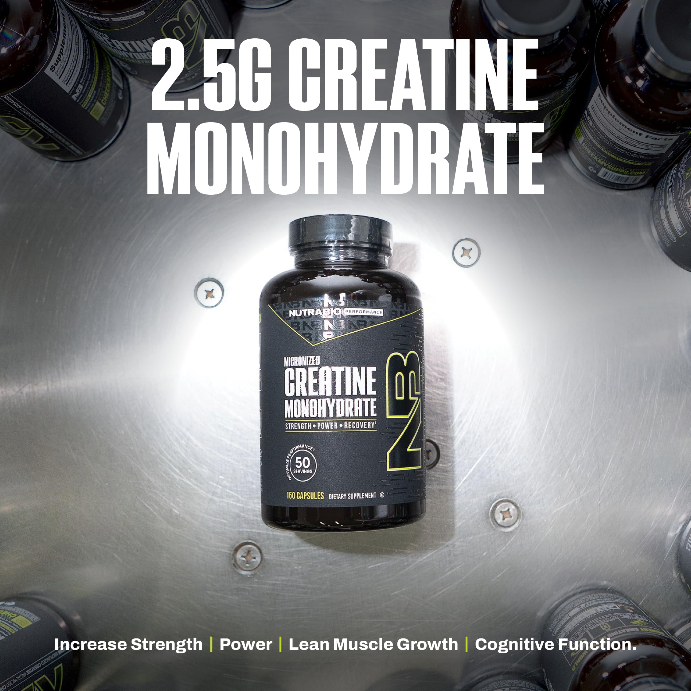 NutraBio pure creatine monohydrate packaging on shelf for easy access.