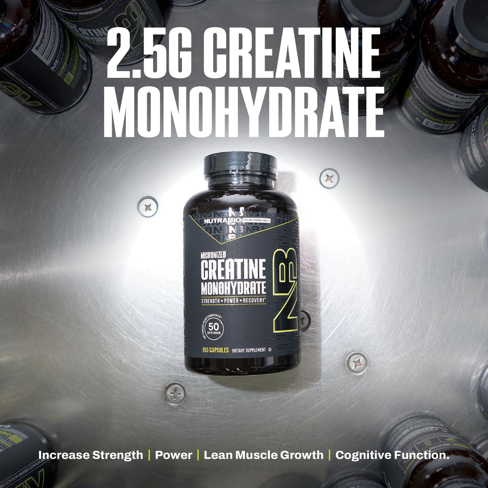 NutraBio pure creatine monohydrate packaging on shelf for easy access.